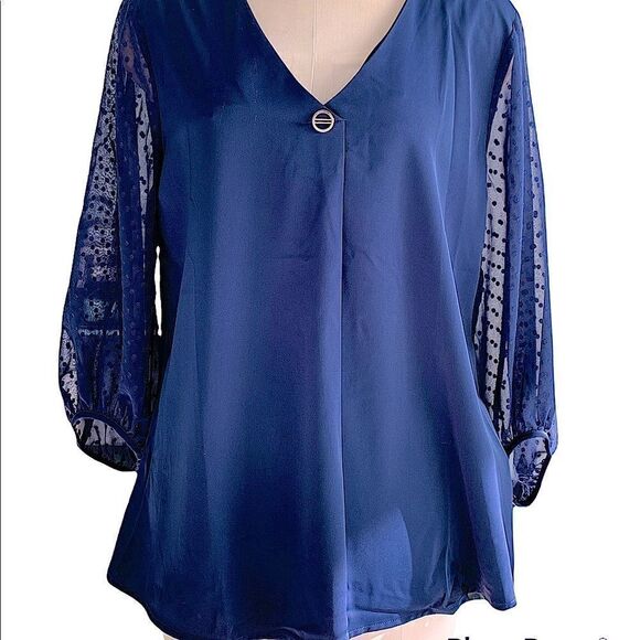 Navy blue tunic style top sheer patterned long sleeve L  NWT - Picture 1 of 7